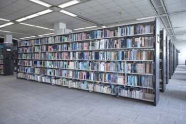 Kütüphane odasında başa okul kavramı eğitim arka plan bulanık bookshelf