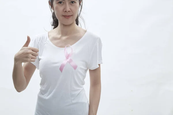 Концепция Медицины Рака Молочной Железы Азиатская Женщина Розовой Лентой Рака — стоковое фото