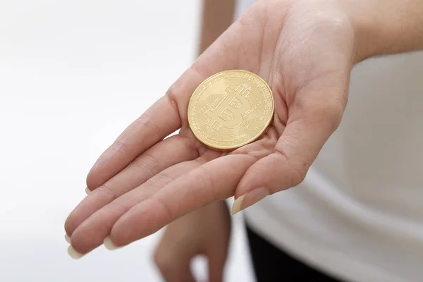 Close Bitcoin Hand Cryptocurrency Concept White Background — Stock Photo, Image