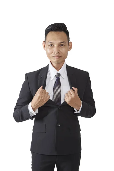 Asiático Joven Empresario Confiado Pie Estudio Fondo Blanco Frente Hombre — Foto de Stock