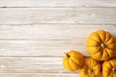 Yüksek açı natürmort sonbahar dekoratif kabaklar ve su kabakları. Kopya alanı, bir beyaz tahta masada yatay biçim Cadılar Bayramı ve Şükran kavramı