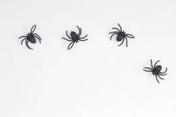 Big Black Toy Spiders Wall White Background Halloween Copy Space — Stock Photo, Image
