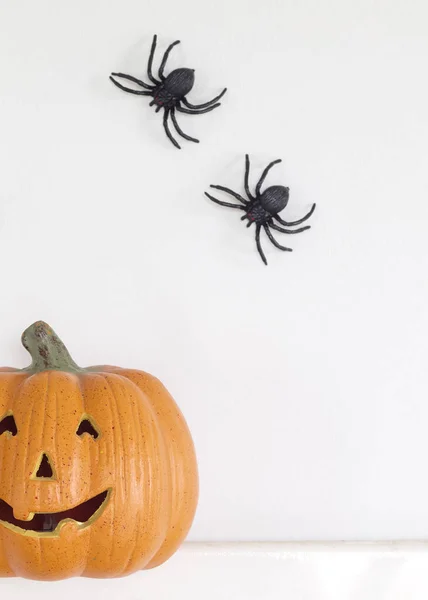 Decoraciones Para Hogar Halloween Calabaza Con Arañas Murciélago Sobre Fondo —  Fotos de Stock