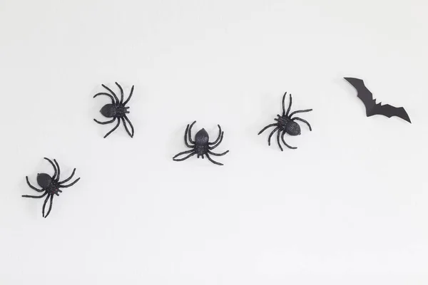 Halloween Home Decorations Spiders Bat White Wall Background Minimal Concept — Stock Photo, Image
