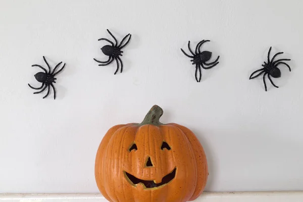 Decoraciones Para Hogar Halloween Calabaza Con Arañas Murciélago Sobre Fondo —  Fotos de Stock