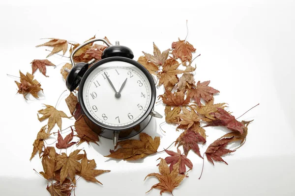 秋季时间的图像变化 回落概念 干燥的树叶和老式闹钟在户外的木桌上下午 为文本 — 图库照片