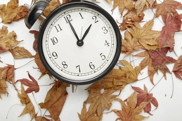 Image of autumn Time Change, Fall back concept, Dry leaves and vintage alarm Black Clock on wooden table outdoors at afternoon,for text