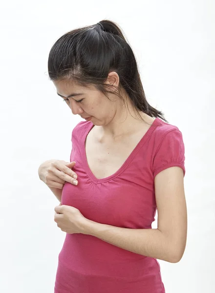 Asyalı Kadınlar Meme Kanseri Kendini Sağlıklı Kız Yaşam Tarzı Kontrol — Stok fotoğraf
