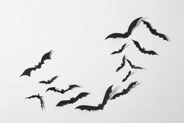 Halloween Black Paper Bats Flying Wall White Background Decoration Concept — Stock Photo, Image