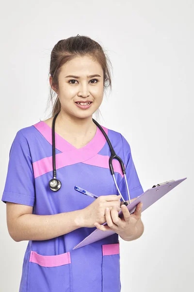 Happy Asians Young Female Family Doctor Holds Blue Folder Documents — Stock Photo, Image