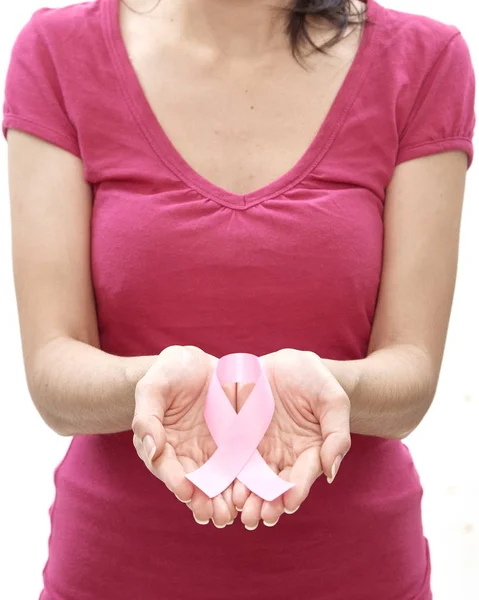 Mujer Sonriente Con Cinta Conciencia Cáncer Mama Sobre Fondo Blanco — Foto de Stock