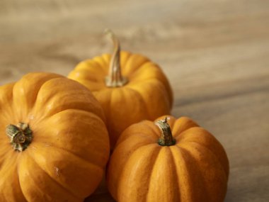 Parlak sarı ve turuncu renk ile kök tasarım ve metin için boş alan ile hafif kahverengi ahşap masa üzerinde üç olgun kabaklar