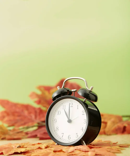 Relógio Vintage Preto Com Folhas Bordo Secas Fundo Verde — Fotografia de Stock