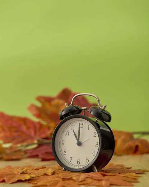 乾燥したカエデの葉緑の背景の黒いビンテージの時計 — ストック写真