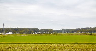 Trenin karışık tarım yüksek gerilimli elektrik direkleri ile fotoğraf çekimi trende Japonya Japonya göster