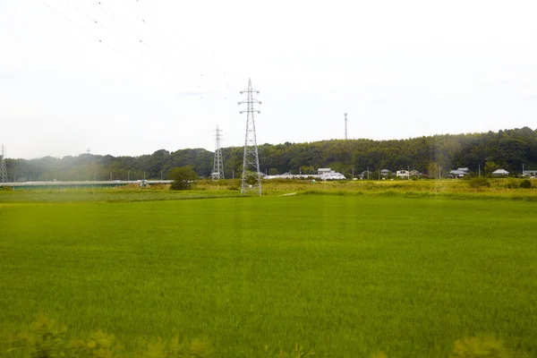 View from train in japan mixed agriculture with high tension power poles, Photo shoot on train in Japan