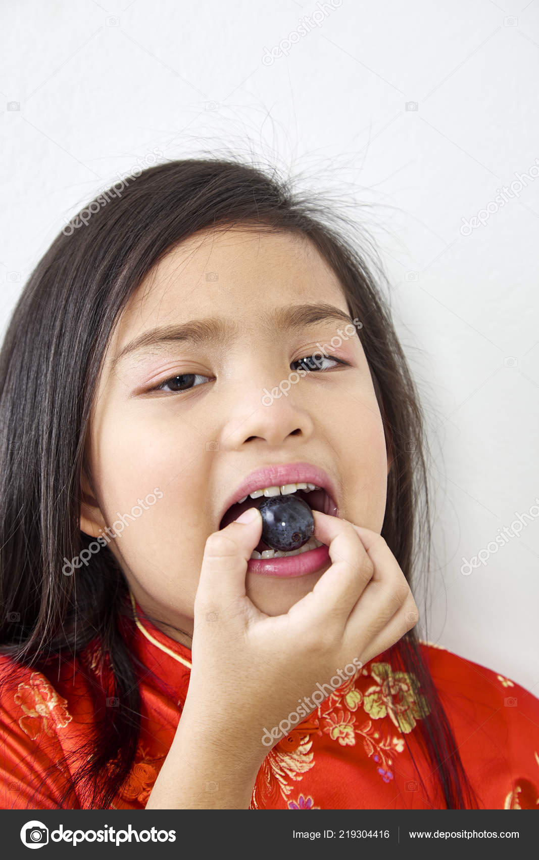 Close Little Girl Years Chinese Dress Eating Black Grape White