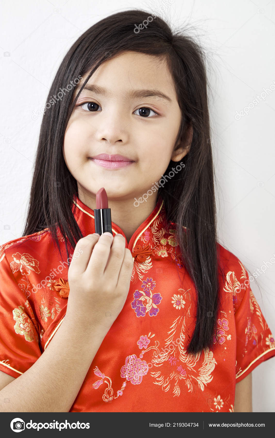Little Girl Chinese Dress Red Lipstick White Wall Background