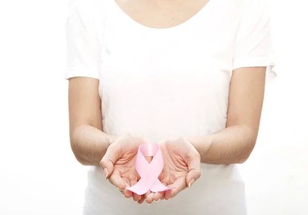 Mujer Mano Sosteniendo Cinta Rosa Conciencia Del Cáncer Mama Concepto — Foto de Stock