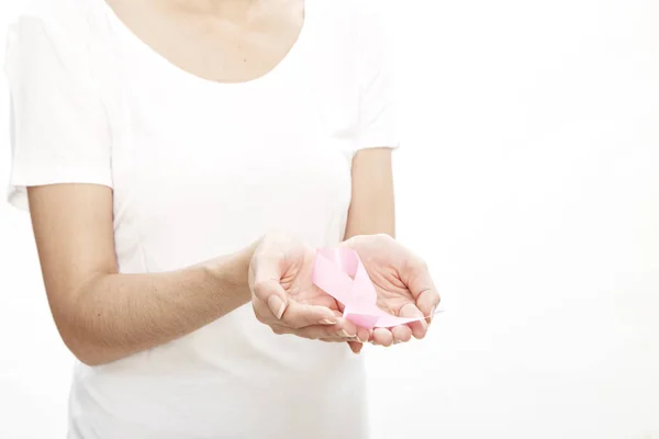 Woman Hand Holding Pink Breast Cancer Awareness Ribbon Healthcare Medicine — Stock Photo, Image