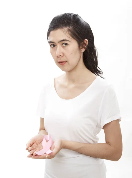 Женщина Держит Руку Розовую Ленту Информирования Раке Груди Здравоохранение Медицина — стоковое фото