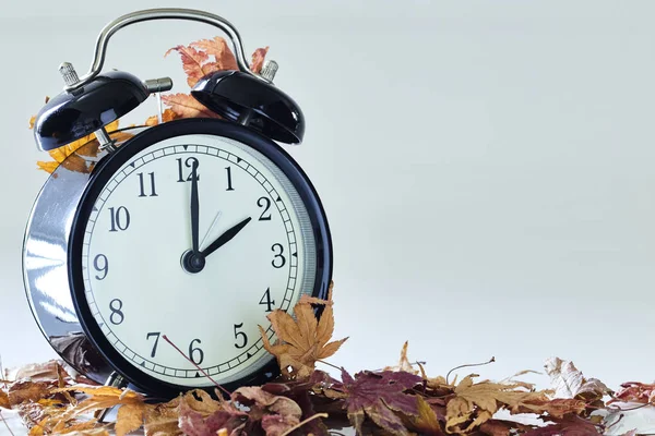 Sonbahar zaman değişiklik görüntüsünü, Güz geri kavramı, kuru yapraklar ve vintage siyah saat ahşap masa üzerinde açık havada, öğleden sonra metin için alarm