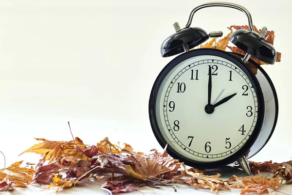 Image of autumn Time Change, Fall back concept, Dry leaves and vintage alarm Black Clock on wooden table outdoors at afternoon,for text