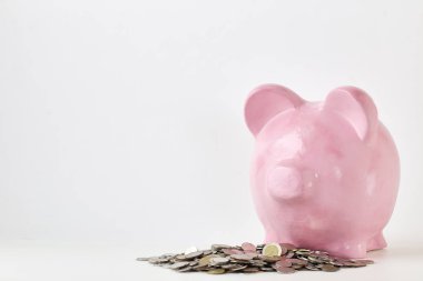 Pembe kumbara ve beyaz arka plan üzerinde paralar. Finans, tasarruf, doğal durumda