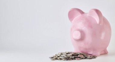 Pembe kumbara ve beyaz arka plan üzerinde paralar. Finans, tasarruf, doğal durumda
