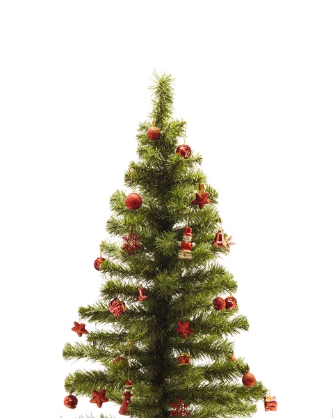 Arbre Noël Avec Décorations Rouges Boîte Cadeau Fond Blanc Concept — Photo