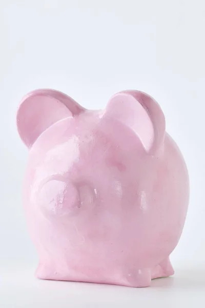 Piggy Bank Cor Rosa Fundo Branco Finanças Poupar Dinheiro Estado — Fotografia de Stock