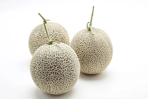 Drie Verse Cantaloupe Meloenen Witte Achtergrond Ruimte Voor Design — Stockfoto