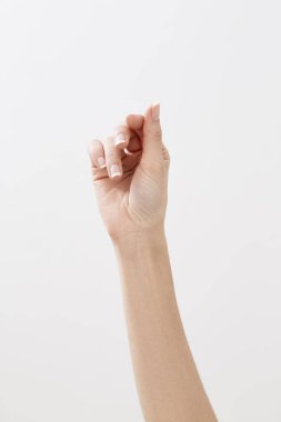 Kadın elini tut sanal kartvizit beyaz arka plan üzerinde