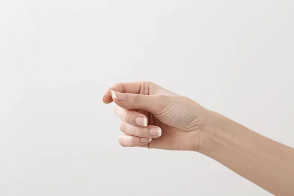 Εικονική Επαγγελματική Κάρτα Κρατήστε Πατημένο Χέρι Γυναίκα Άσπρο Φόντο — Φωτογραφία Αρχείου