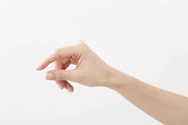 Mulher Mão Segurar Cartão Visita Virtual Fundo Branco — Fotografia de Stock