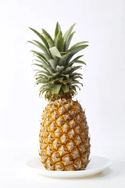 ripe pineapple in white plate isolated studio shoot on white background, Light emulates natural light with space for design.