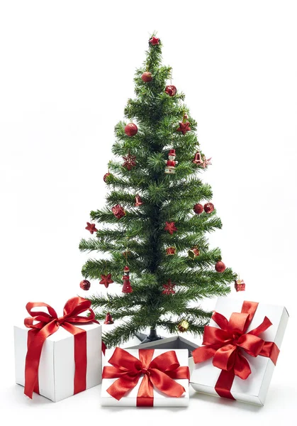 Christmas Tree Red Decorations Gift Box White Background Christmas Concept — Stock Photo, Image