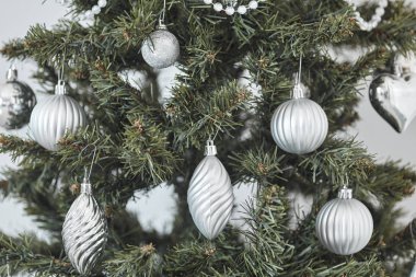 Gümüş Noel topları yeni yıl 2019 yılında Noel ağacı üzerinde