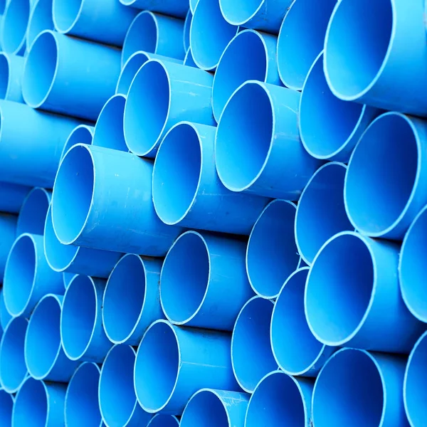 Fundo Tubos Coloridos Pvc Azul Empilhados Local Construção — Fotografia de Stock