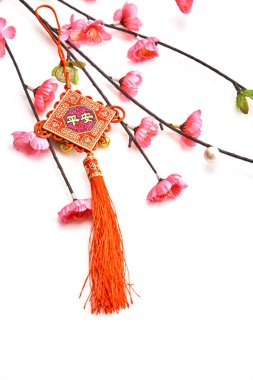 Beyaz arka plan Çin yeni yıl süslemeleri (İngilizce çeviri için nimet yabancı metin anlamına gelir Çince şanslı düğüm ile Erik pembe kiraz Şubesi)