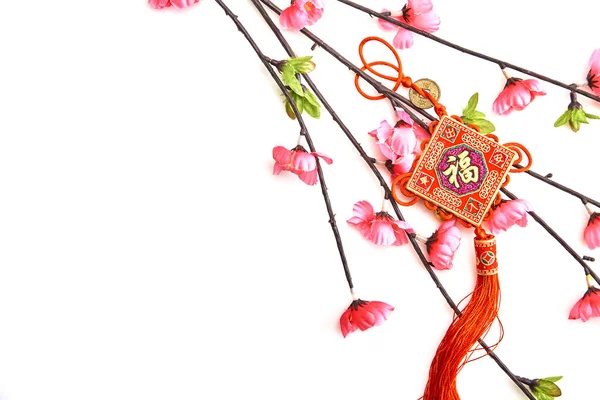 Plum Pink Cherry Branch Chinese Lucky Knot White Background Chinese — Stock Photo, Image