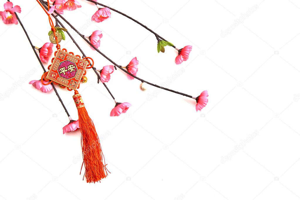 Plum Pink Cherry Branch with Chinese Lucky Knot on white background Chinese New Year decorations (English translation for foreign text means blessing)