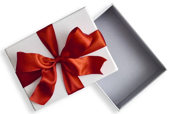 Caja Regalo Navidad Blanca Abierta Con Tapa Lazo Rojo Cinta — Foto de Stock