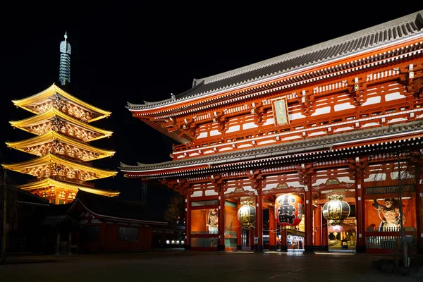 Krásnou Dominantou Starověkého Asakusa Sensoji Chrám Noci Tokio — Stock fotografie