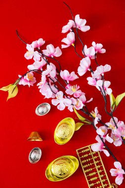 Süslemeleri Çin yeni yılı 2019 üzerinde kırmızı bir arka plan (Çince karakterler. Fu. makalede bakın iyi şanslar, zenginlik, para akışı) boş alanı tasarımı için