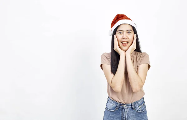 Asiatiska Womon Vacker Christmas Flicka Santa Hatt Vit Bakgrund — Stockfoto