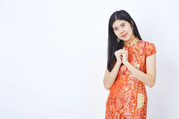 Belleza Mujer Usar Cheongsam Sonreír Usted Chino Nuevo Año 2019 — Foto de Stock