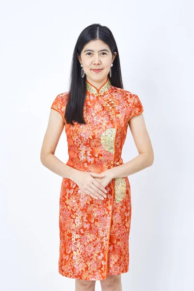 Belleza Mujer Usar Cheongsam Sonreír Usted Chino Nuevo Año 2019 —  Fotos de Stock