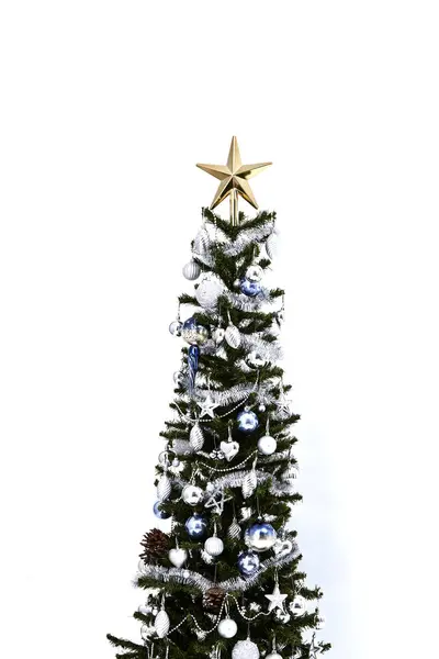 2020 Sapin Noël Avec Décorations Boîte Cadeau Fond Blanc Salle — Photo