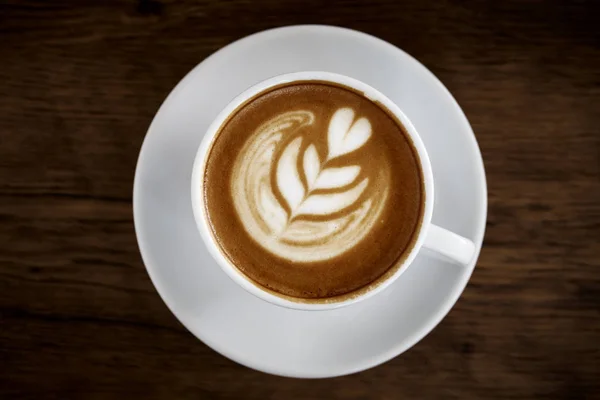 Heiße Kaffee Latte Tasse Auf Holztischhintergrund Mit Warmer Morgensonne Glückliches — Stockfoto